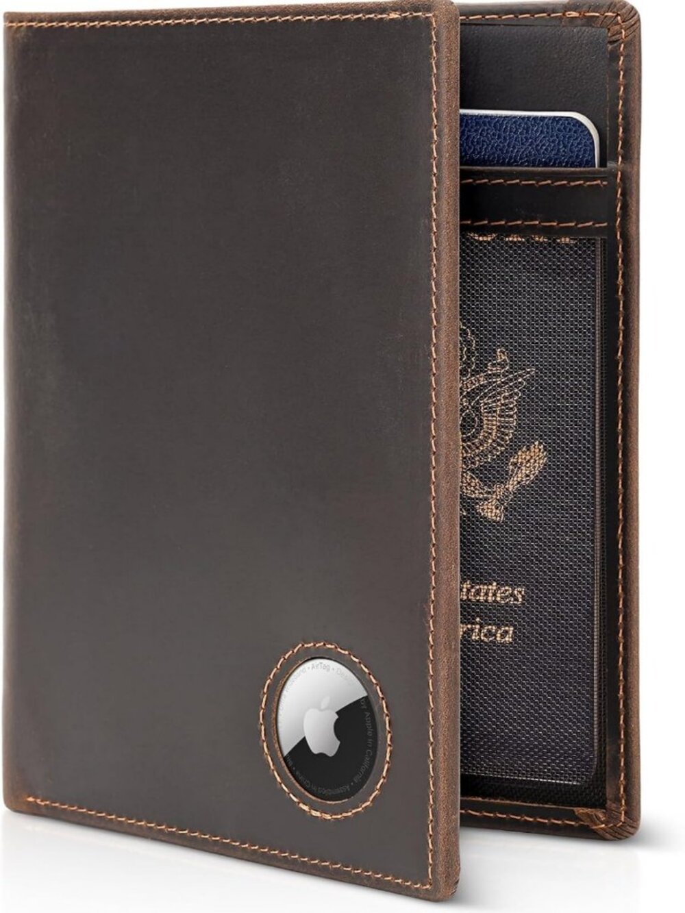 Leather AirTag Passport Holder | RFID Blocking Travel Wallet | Bifold Design